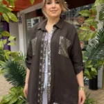 İtalyan Çift Cep Pul Payetli Zımbalı Keten Gömlek ( 38 50 Uyumlu ) - Kahve