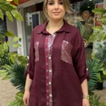 İtalyan Çift Cep Pul Payetli Zımbalı Keten Gömlek ( 38 50 Uyumlu ) - Bordo