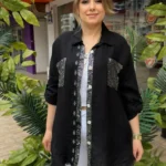 İtalyan Çift Cep Pul Payetli Zımbalı Keten Gömlek ( 38 50 Uyumlu ) - Siyah