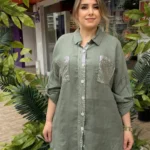 İtalyan Çift Cep Pul Payetli Zımbalı Keten Gömlek ( 38 50 Uyumlu ) - Haki