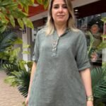 İtalyan Çiçek Nakışlı Üç Düğmeli Pamuk Gömlek (38-48 Uyumlu) - Haki