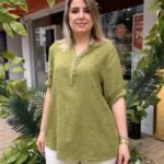 İtalyan Çiçek Nakışlı Üç Düğmeli Pamuk Gömlek (38-48 Uyumlu) - Yağ Yeşil