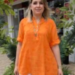 İtalyan Çiçek Nakışlı Üç Düğmeli Pamuk Gömlek (38-48 Uyumlu) - Turuncu