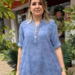 İtalyan Çiçek Nakışlı Üç Düğmeli Pamuk Gömlek (38-48 Uyumlu) - İndigo