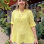 İtalyan Çiçek Nakışlı Üç Düğmeli Pamuk Gömlek (38-48 Uyumlu) - Sarı