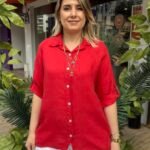 İtalyan Keten Yarım Kol Gömlek (38-48 Uyumlu) - Kırmızı