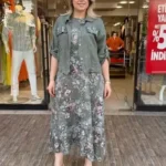 İtalya Üretimi %100 Keten Ceket & Çiçekli Elbise İkili Takım - Haki