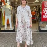 İtalya Üretimi %100 Keten Ceket & Çiçekli Elbise İkili Takım - Bej