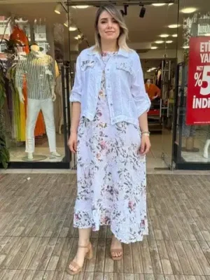 İtalya Üretimi %100 Keten Ceket & Çiçekli Elbise İkili Takım