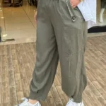 İtalya Üretimi Kemerli ve Pullu %100 Lyocell Tencel Pantolon - Haki