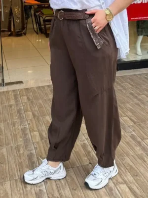 İtalya Üretimi Kemerli ve Pullu %100 Lyocell Tencel Pantolon