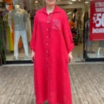 İtalyan Cebi Payet Detaylı %100 Keten Gömlek Elbise 38-48 - Kırmızı