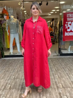 İtalyan Cebi Payet Detaylı %100 Keten Gömlek Elbise 38-48