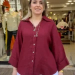 İtalyan %100 Lino Keten Düğmeli Gömlek - (38-48 Uyumlu) - Bordo