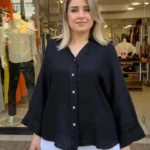 İtalyan %100 Lino Keten Düğmeli Gömlek - (38-48 Uyumlu) - Siyah