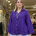İtalyan %100 Lino Keten Düğmeli Gömlek - (38-48 Uyumlu) - Mor