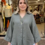 İtalyan %100 Lino Keten Düğmeli Gömlek - (38-48 Uyumlu) - Haki