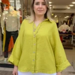 İtalyan %100 Lino Keten Düğmeli Gömlek - (38-48 Uyumlu) - Yeşil