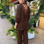 İTALYAN ARKASI DANTEL DETAYLI KETEN TAKIM - Kahve