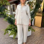 İTALYAN ARKASI DANTEL DETAYLI KETEN TAKIM - Bej