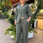 İTALYAN ARKASI DANTEL DETAYLI KETEN TAKIM - Haki