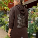 İtalyan Arkası Payet İşlemeli Kapüşonlu Ceket - Kahve