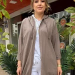 İtalyan Arkası Payet İşlemeli Kapüşonlu Ceket - Vizon