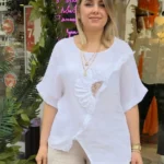 İtalyan Asimetrik Kesim Çiçek Detaylı Keten Bluz - Beyaz