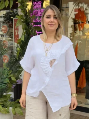 İtalyan Asimetrik Kesim Çiçek Detaylı Keten Bluz