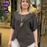 İtalyan Asimetrik Kesim Çiçek Detaylı Keten Bluz - Kahve