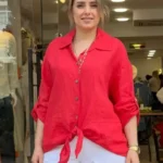 İtalyan Bağlamalı Linen Keten Gömlek - (38-52 Uyumlu) - Mercan