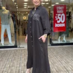 İtalyan Cebi Payet Detaylı %100 Keten Gömlek Elbise 38-48 - Kahve