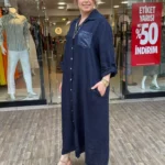 İtalyan Cebi Payet Detaylı %100 Keten Gömlek Elbise 38-48 - Lacivert