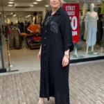 İtalyan Cebi Payet Detaylı %100 Keten Gömlek Elbise 38-48 - Siyah