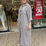 İtalyan Cebi Payet Detaylı %100 Keten Gömlek Elbise 38-48 - Vizon