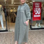 İtalyan Cebi Payet Detaylı %100 Keten Gömlek Elbise 38-48 - Haki