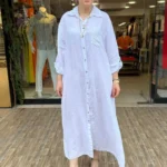 İtalyan Cebi Payet Detaylı %100 Keten Gömlek Elbise 38-48 - Beyaz