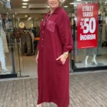 İtalyan Cebi Payet Detaylı %100 Keten Gömlek Elbise 38-48 - Bordo