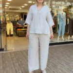 İtalyan Keten Çiçek Aplikeli Alt Üst Takım (38-48 Uyumlu) - Bej