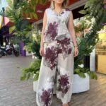 İtalyan Çiçek Desenli Linen Keten Yelek Pantolon Takım - Bej