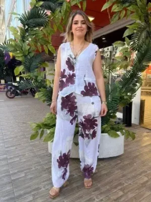 İtalyan Çiçek Desenli Linen Keten Yelek Pantolon Takım