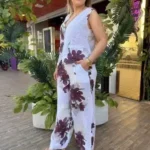 İtalyan Çiçek Desenli Linen Keten Yelek Pantolon Takım - Beyaz