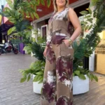 İtalyan Çiçek Desenli Linen Keten Yelek Pantolon Takım - Camel