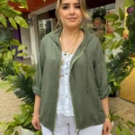 İtalyan Fermuarlı Kapüşonlu Pamuklu Ceket - Haki