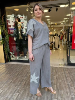 İTALYAN FİSTO YILDIZ PAYETLİ ALT ÜST KETEN TAKIM