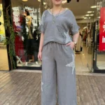 İTALYAN FİSTO YILDIZ PAYETLİ ALT ÜST KETEN TAKIM - Vizon