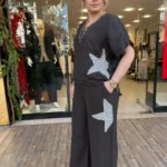 İTALYAN FİSTO YILDIZ PAYETLİ ALT ÜST KETEN TAKIM - Kahve