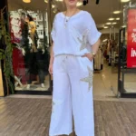 İTALYAN FİSTO YILDIZ PAYETLİ ALT ÜST KETEN TAKIM - Beyaz