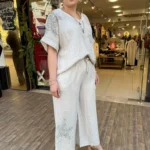 İTALYAN FİSTO YILDIZ PAYETLİ ALT ÜST KETEN TAKIM - Bej