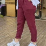 İtalyan Havuç Kesim Keten Pantolon - 38-46 Uyumlu - Bordo